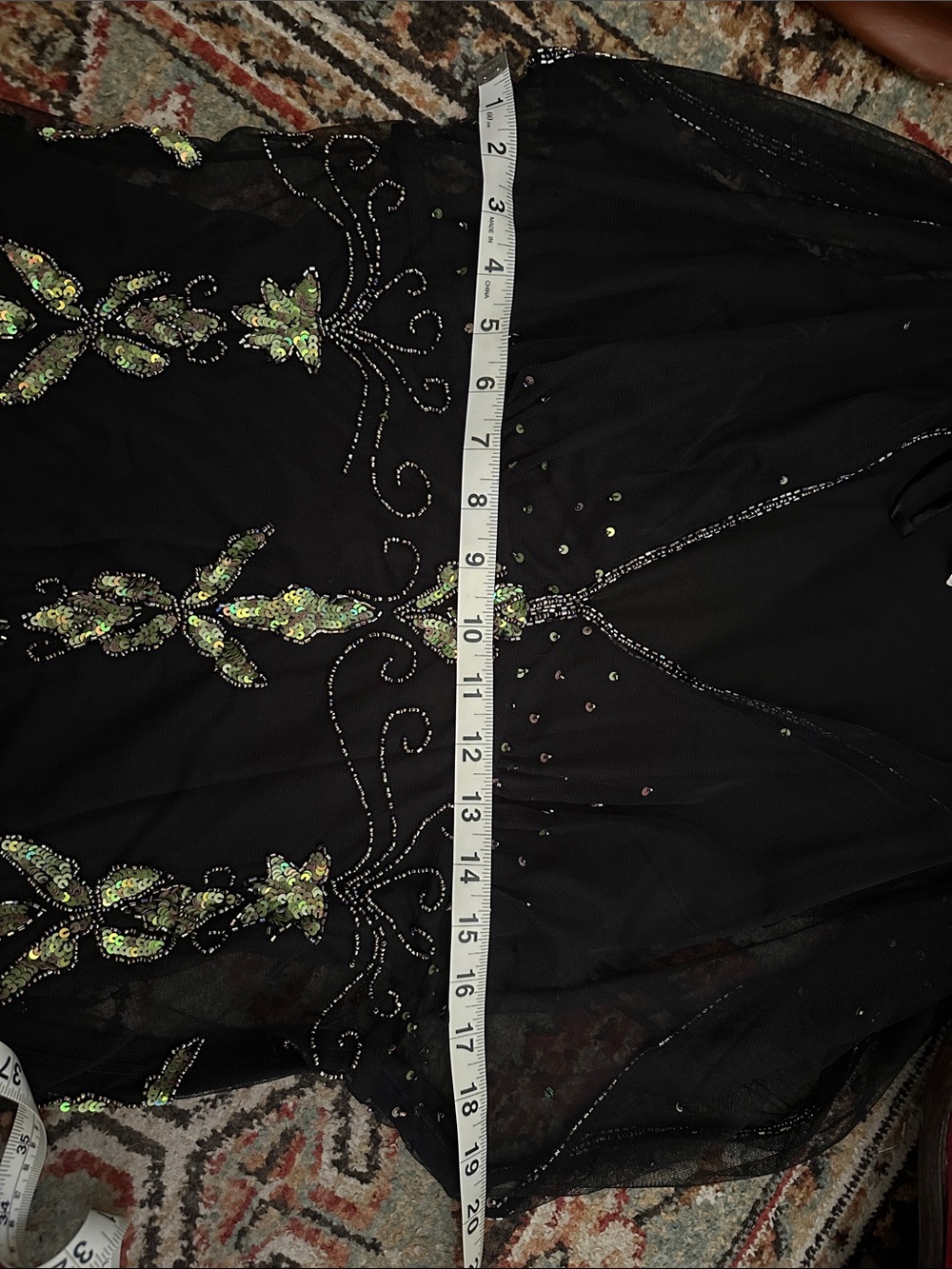 MARINA Black Beaded V-Neck Top with Green Sequin Floral Detail - Picture 5 of 6
